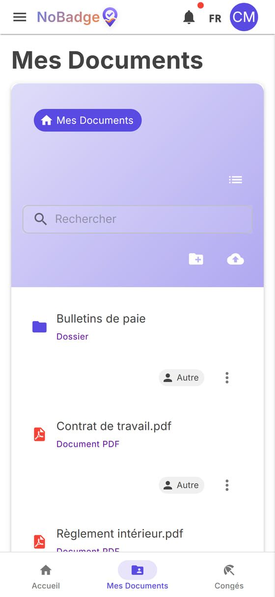 Mes Documents avec le dossier Bulletins de paie, le contrat et le règlement