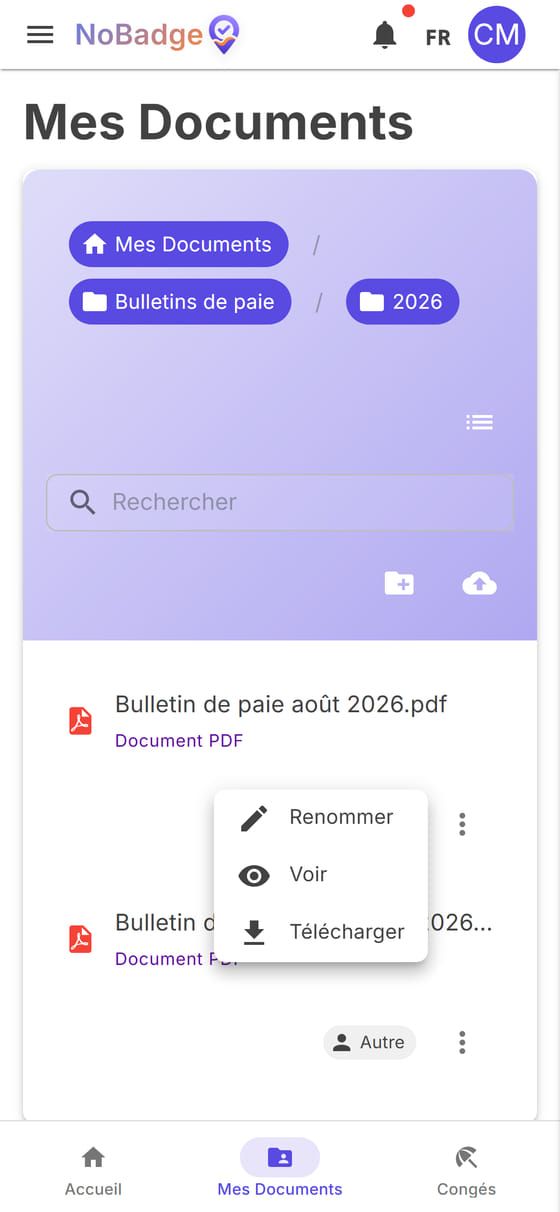 Le dossier Bulletins de paie 2026 avec le menu d'un fichier : Renommer, Voir, Télécharger