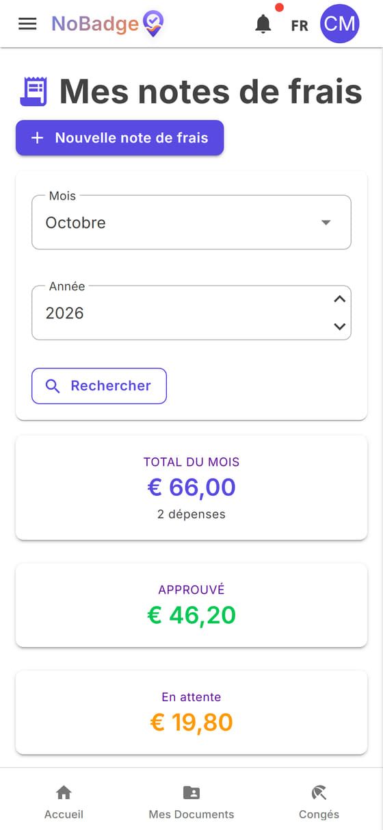 Mes notes de frais d'octobre : total, approuvé et en attente