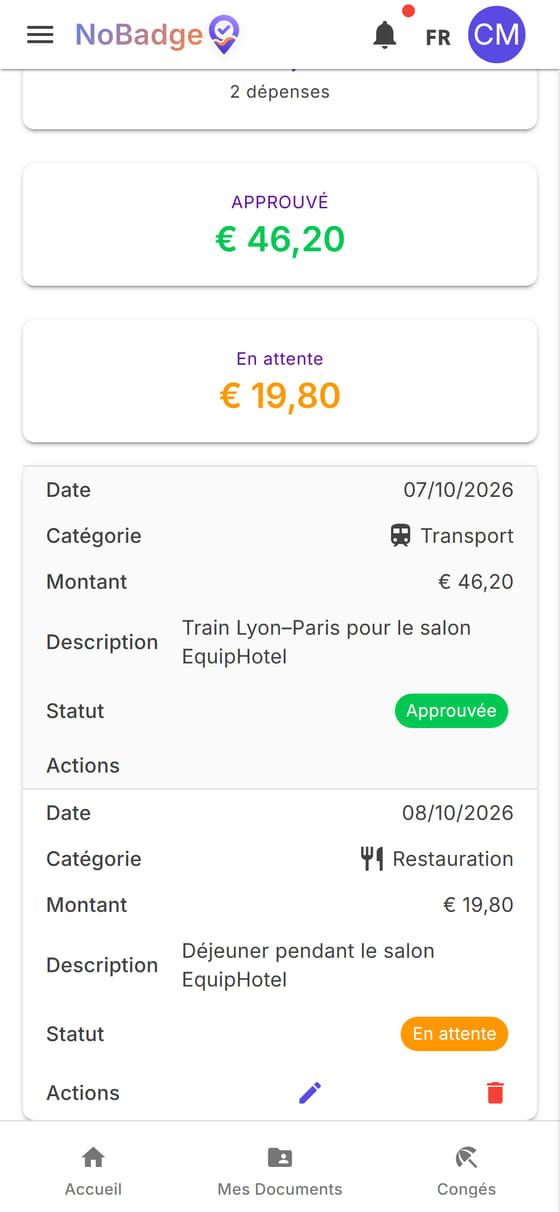 Liste des notes de frais : train approuvé, déjeuner en attente