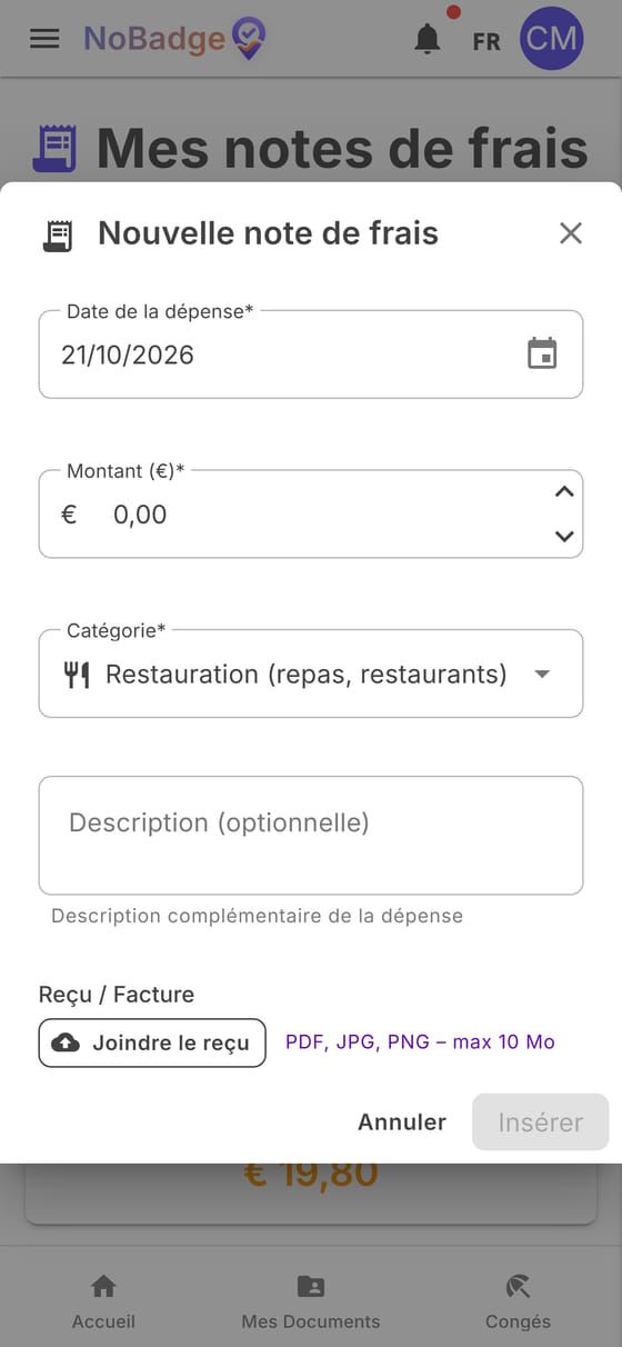 Fenêtre Nouvelle note de frais avec date, montant, catégorie et Joindre le reçu