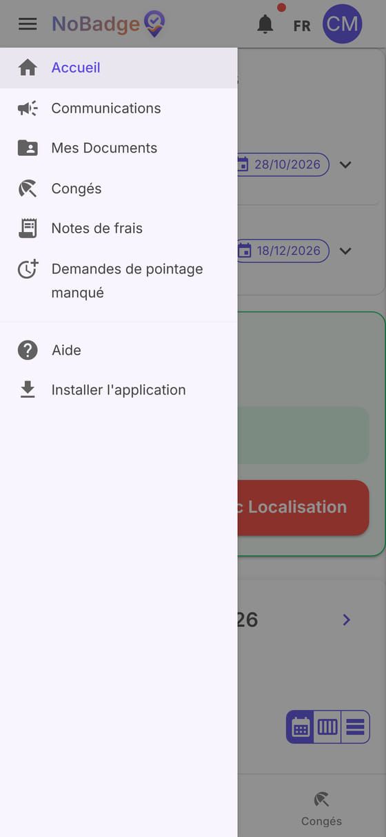 Menu latéral du salarié