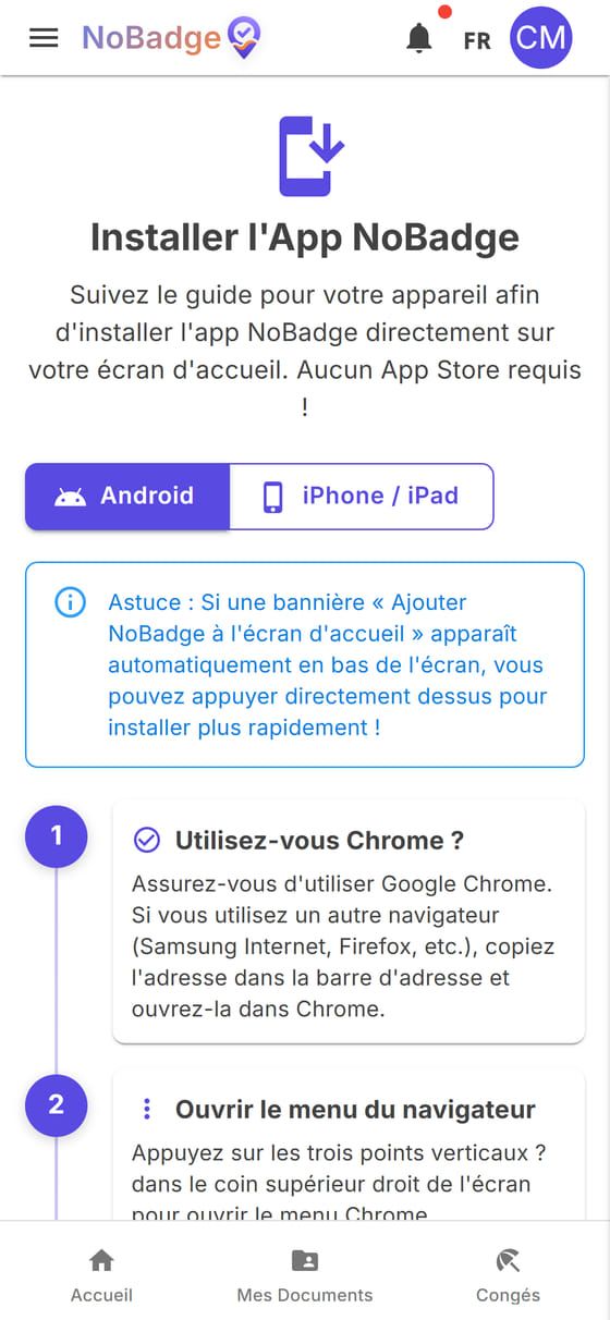 Page d'installation de NoBadge avec les guides pour Android et iPhone