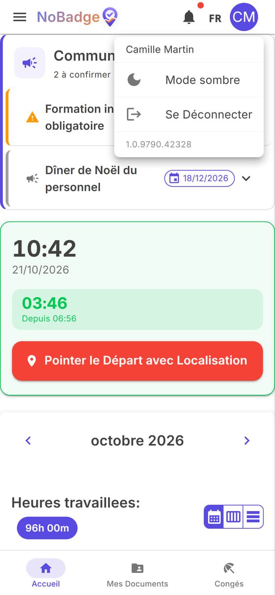 Menu du compte avec Mode sombre et Se Déconnecter