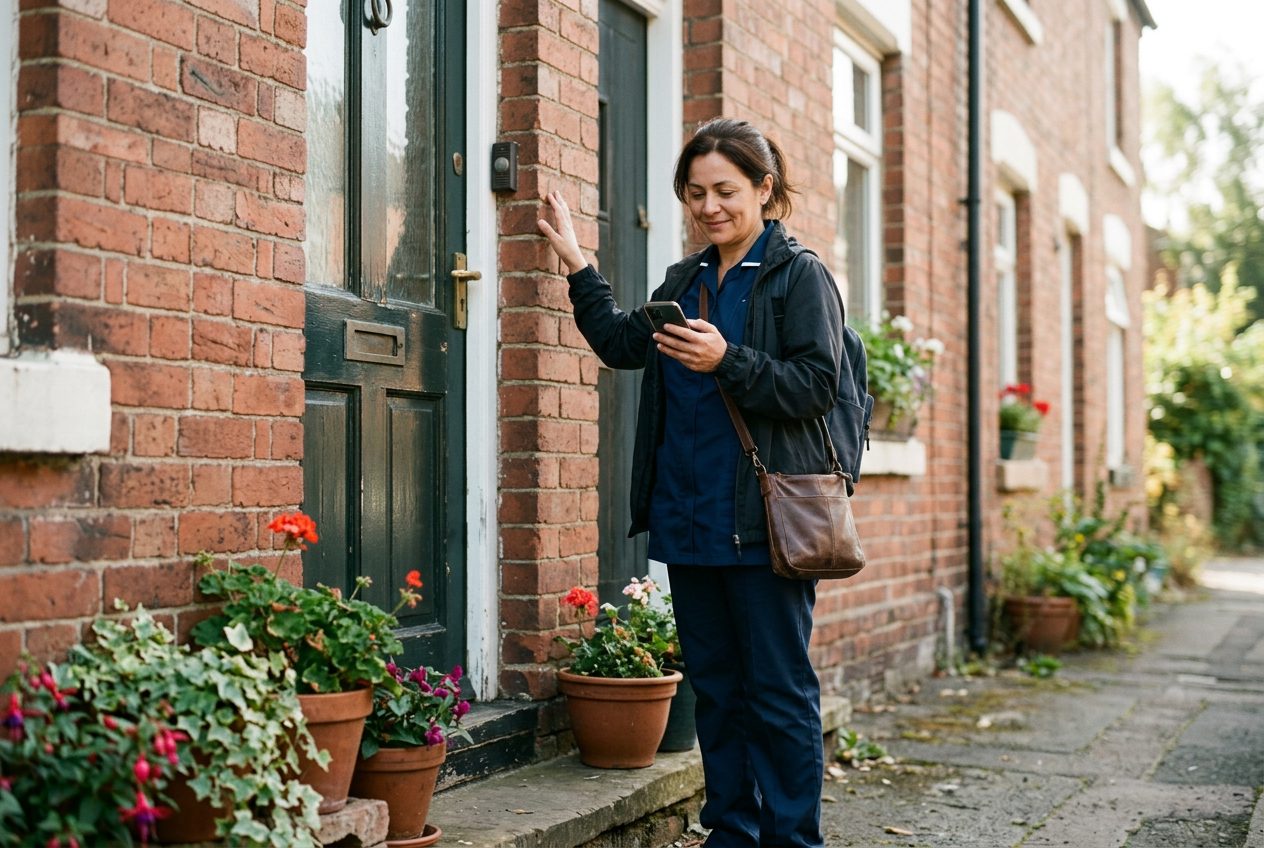 Home care worker arriving at a client's front door and clocking in on her phone with NoBadge