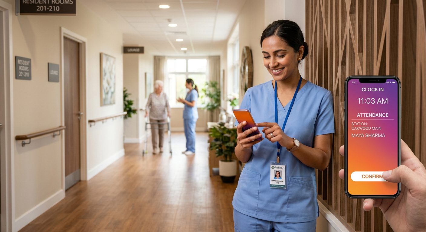 Infermiera timbra presenza da smartphone — NoBadge per case di cura e settore sanitario