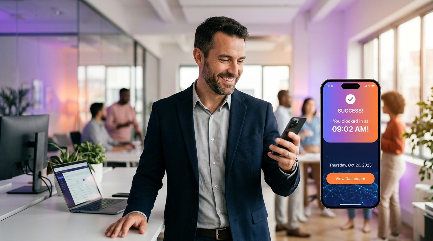 Manager timbra presenza da smartphone con app NoBadge — rilevazione presenze digitale per PMI
