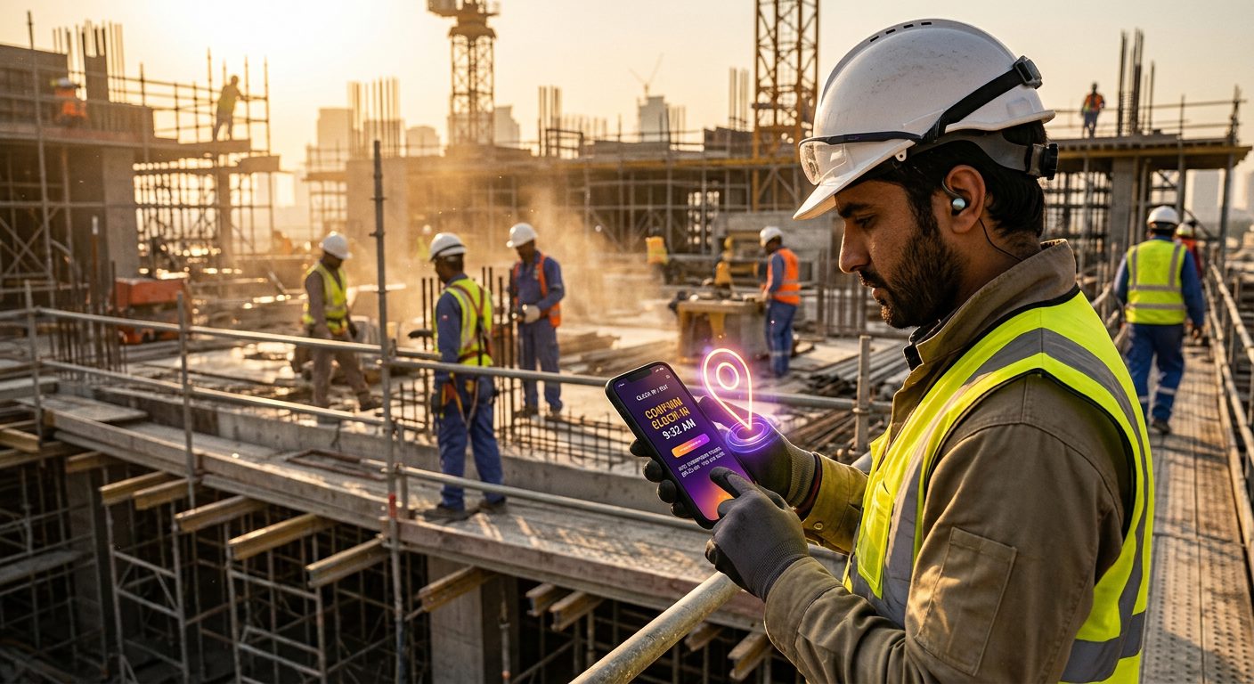 Operai edili timbrano presenze da smartphone in cantiere — NoBadge per il settore costruzioni