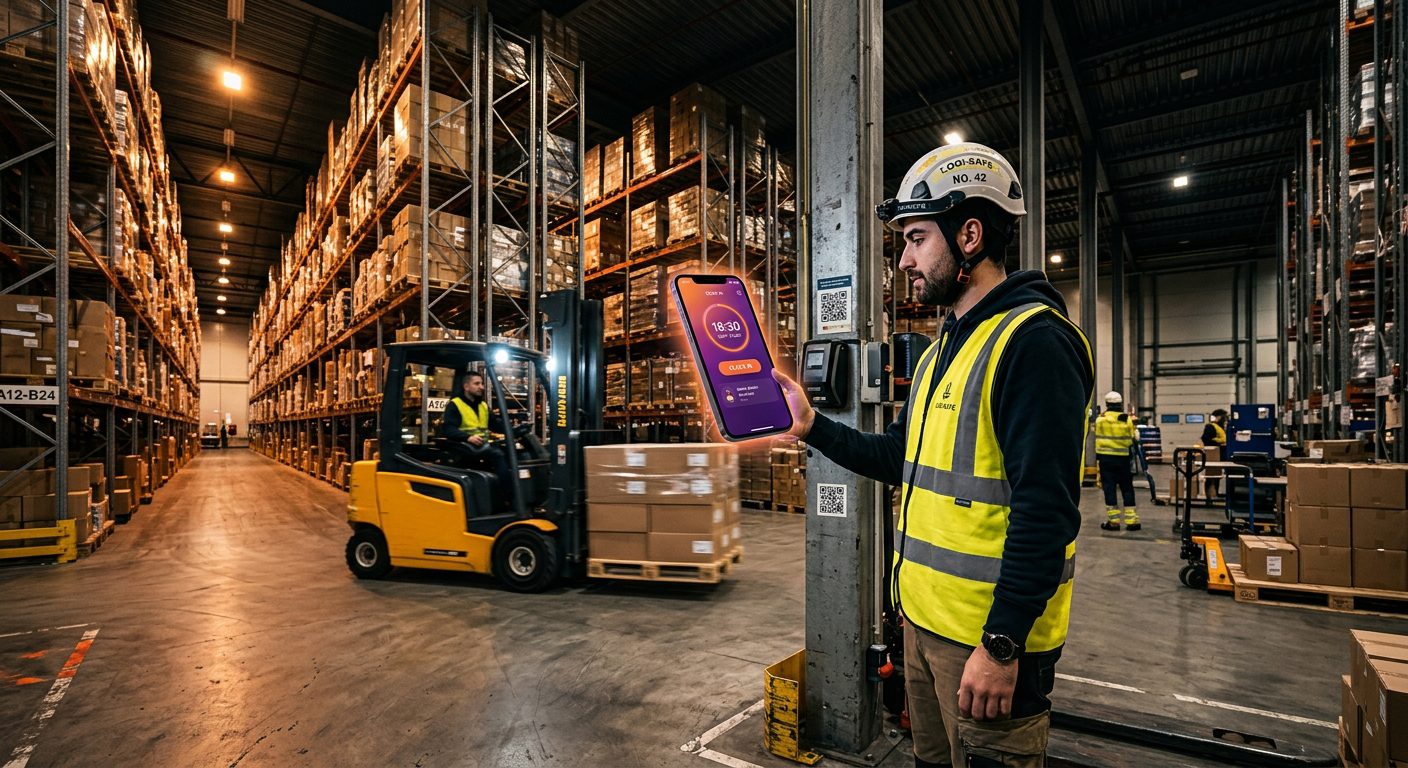 Operatore logistica timbra presenze in magazzino — NoBadge per logistica e trasporti