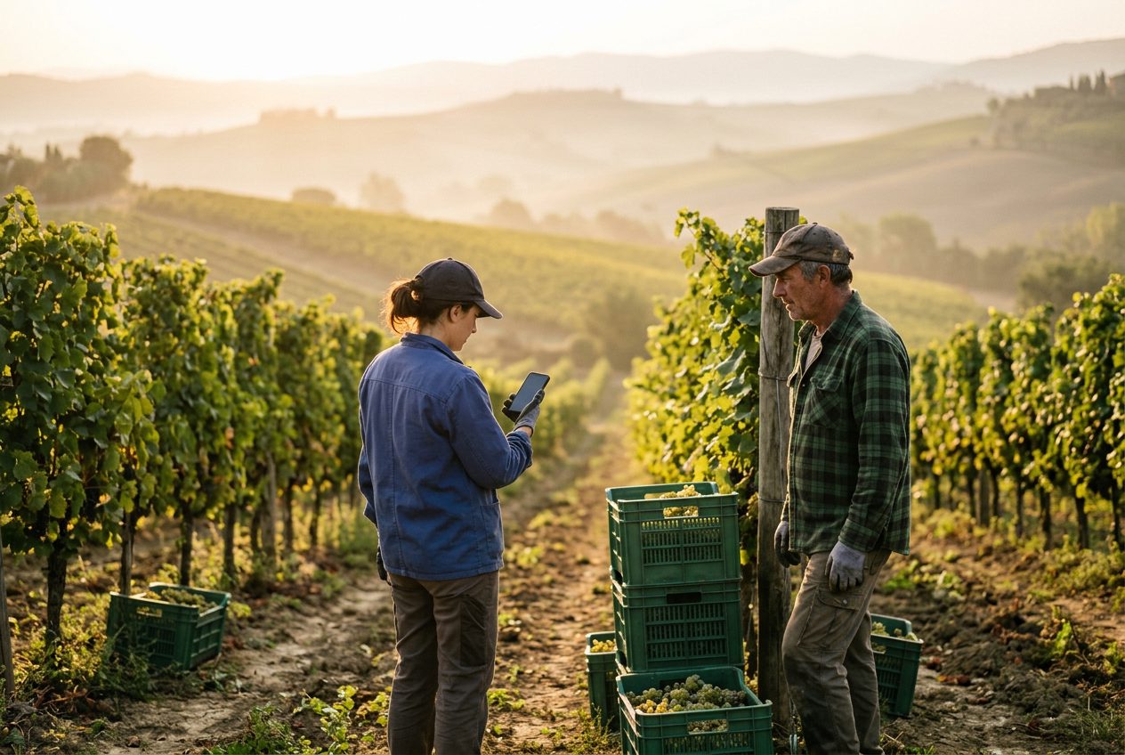 Seasonal workers in a vineyard at sunrise, one clocking in for her shift on a smartphone with NoBadge