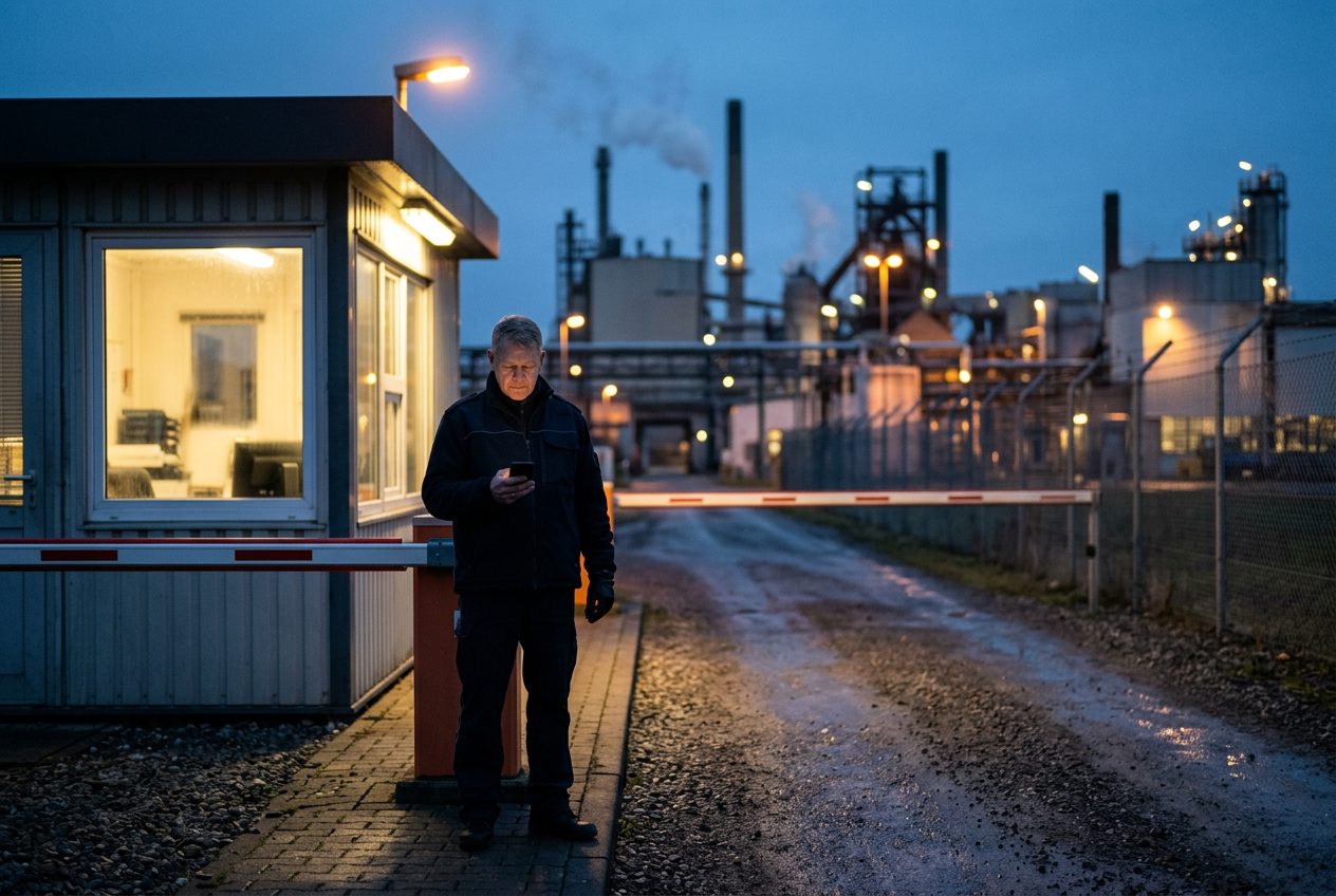 Security guard at a site gatehouse at dusk clocking in for his shift with NoBadge